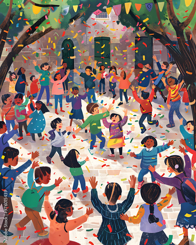 Joyful Students Embracing Cultural Diversity at Vibrant International Festival on Campus - Children's Book Illustrations