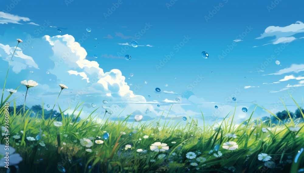 Obraz premium A gentle illustration of a morning dew on grass under a pale blue sky