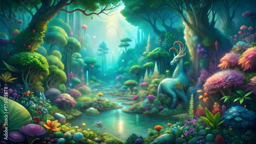 nchanted forest landscape with mythical creature and vibrant flora in a magical setting