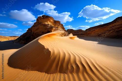 A wind-swept desert, with dunes slowly shifting and sand blowing in the wind, capturing the slow but constant movement of nature photo