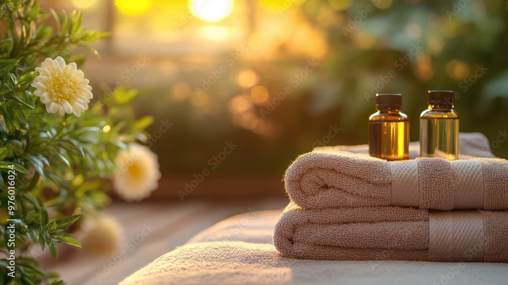 Warm towels and essential oil bottles are placed on a massage table, creating a serene spa atmosphere with soft natural light. Warm towels and essential oil bottles are placed on a massage table, creating a serene spa atmosphere with soft natural light.