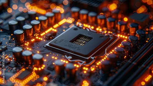 Close-up of a CPU Socket on a Computer Motherboard with Glowing LEDs