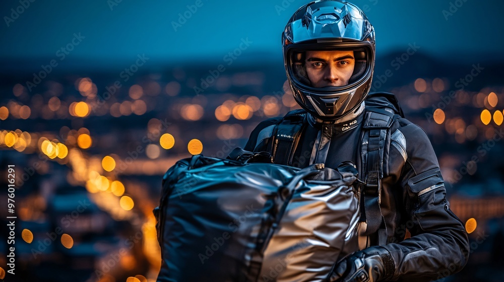 A delivery rider wearing a helmet and branded uniform holding a large food delivery bag while standing in front of a restaurant. The restaurants bright lighting contrasts with the night city A delivery rider wearing a helmet and branded uniform holding a large food delivery bag while standing in front of a restaurant. The restaurants bright lighting contrasts with the night city