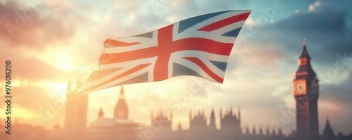 UK flag waving against Big Ben and Houses of Parliament at sunset.