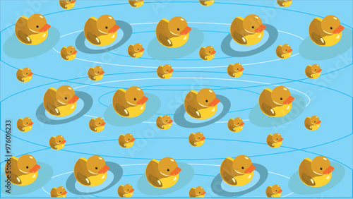 Cute seamless pattern with yellow ducks on blue background, vector seamless pattern with toy ducks, creative print with ducks swimming in the sea