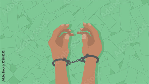 Human hands in handcuffs over heaps of money cash bribe corruption, stop corruption and financial crime concept, business person arrested for money laundering or bribery