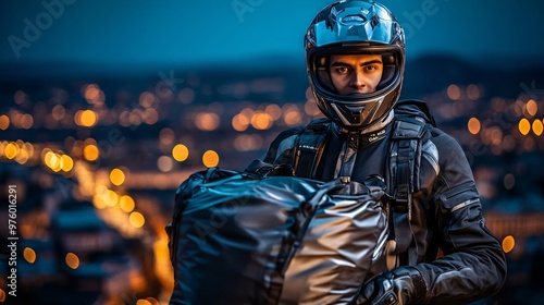 A delivery rider wearing a helmet and branded uniform holding a large food delivery bag while standing in front of a restaurant. The restaurants bright lighting contrasts with the night city