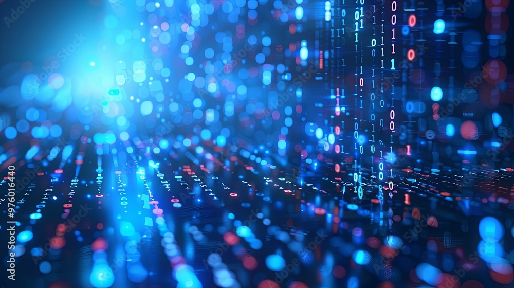 Abstract digital data streams with blue and red bokeh lights Abstract digital data streams with blue and red bokeh lights