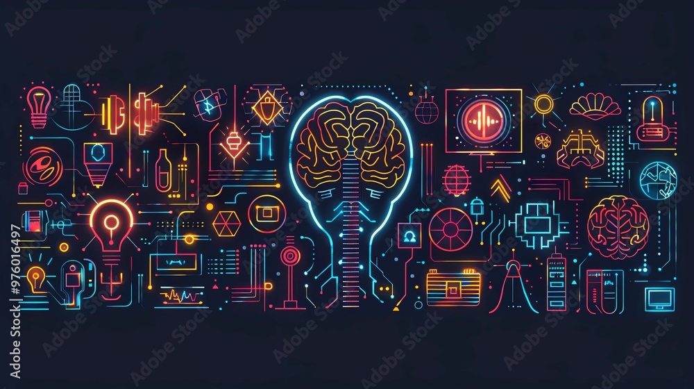 Abstract digital illustration of a human brain surrounded by interconnected neon icons. Abstract digital illustration of a human brain surrounded by interconnected neon icons.
