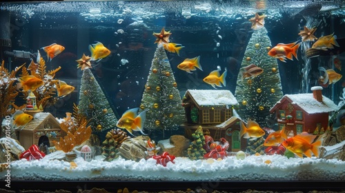 Festive Aquarium with Goldfish and Holiday Decorations photo