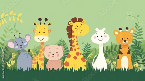 A group of cute cartoon animals, including a mouse, a bear, a giraffe, and a lion, standing in a green jungle.