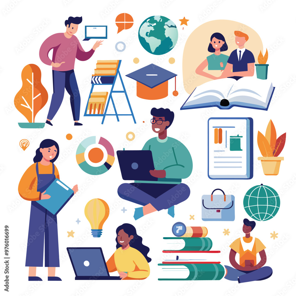 A vibrant assortment of educational concepts showcasing people engaged in various learning activities emphasizing teamwork creativity and technology in education A vibrant assortment of educational concepts showcasing people engaged in various learning activities emphasizing teamwork creativity and technology in education
