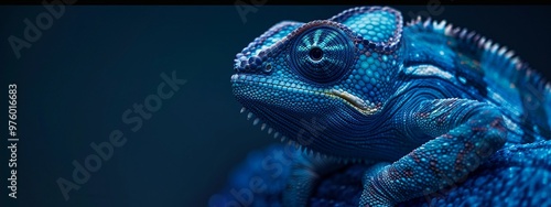 A hyper-realistic 4K HD image of a dark cobalt blue chameleon with soft lighting highlighting its texture and intricate details.
