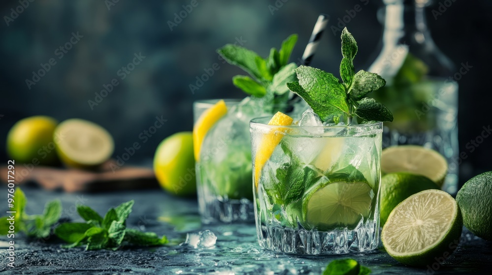 Fototapeta premium Fresh and refreshing cocktails based on gin, a distinctive herbal flavor, bar 