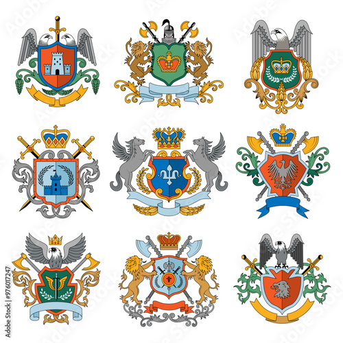 Heraldic badges. Collection of business identity set in luxury style old style weapons and armors ribbons and animals recent vector template