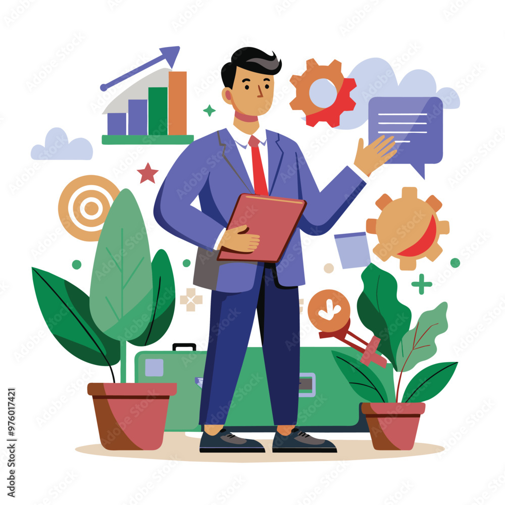 A business adviser stands confidently sharing insights with charts and gears around him promoting growth and progress in a vibrant office environment A business adviser stands confidently sharing insights with charts and gears around him promoting growth and progress in a vibrant office environment