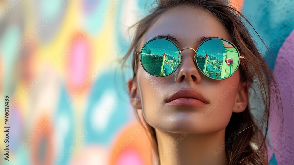 A young woman wearing round green sunglasses with a colorful wall in the background A young woman wearing round green sunglasses with a colorful wall in the background