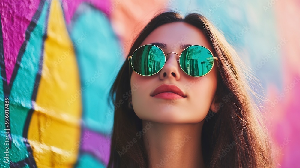 A young woman wearing round green sunglasses with a colorful wall in the background A young woman wearing round green sunglasses with a colorful wall in the background