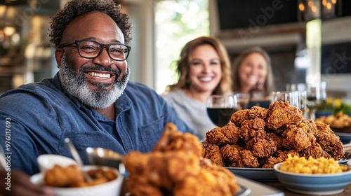 A family of four enjoying a meal of fried chicken at the dinner table, laughing and sharing food. The table is set with side dishes and drinks, capturing a warm family moment. Large space for text in