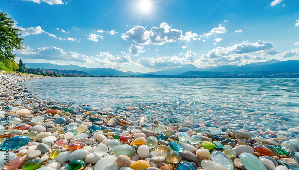 The sea is full of colorful pebbles, and the pebble beach on both sides is covered with many colored glass stones