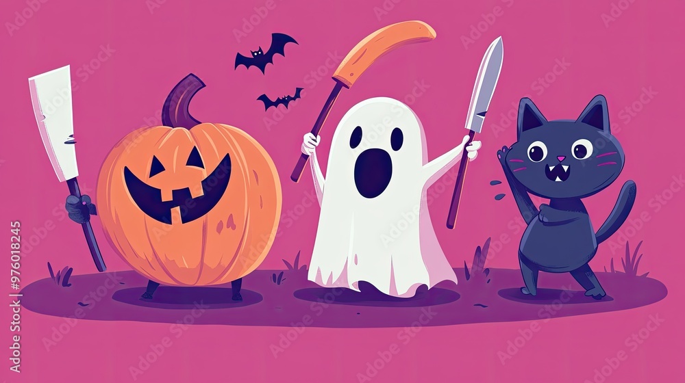 Obraz premium A jack-o-lantern, ghost, and black cat in Halloween costumes with weapons stand on pink background.