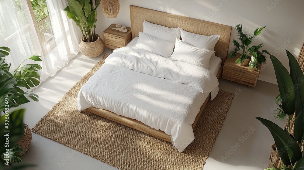 3. Overhead view of a minimalist bedroom with a large bed, soft white linens, and light wooden furniture, complemented by green plants and soft natural lighting 3. Overhead view of a minimalist bedroom with a large bed, soft white linens, and light wooden furniture, complemented by green plants and soft natural lighting