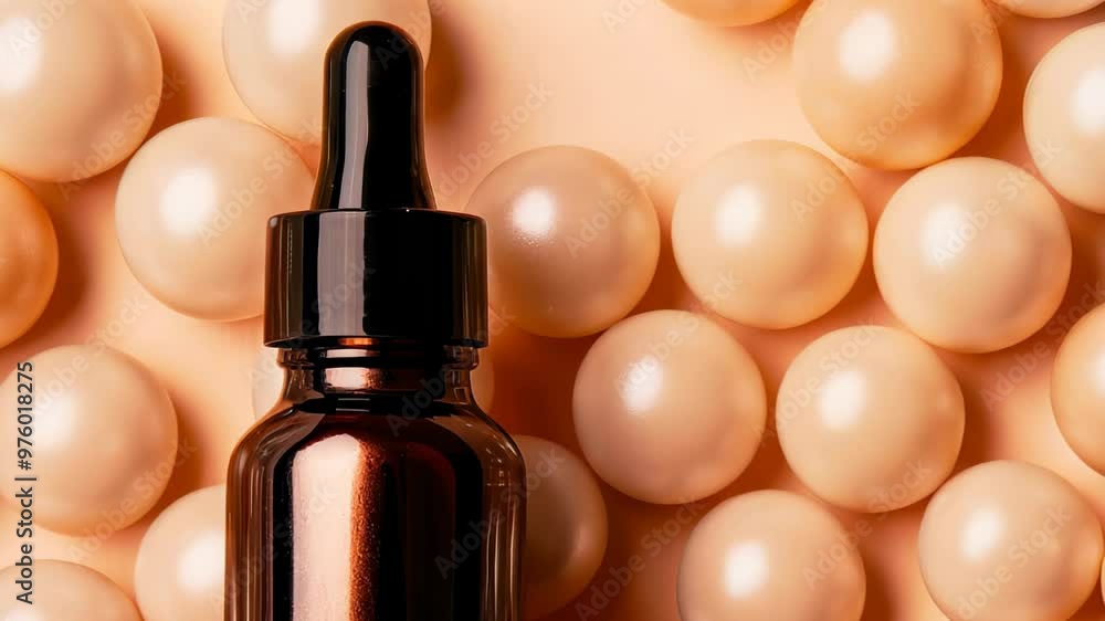 A dark amber dropper bottle stands out against a soft pastel background, surrounded by creamy beige capsules, conveying themes of skincare, wellness, and luxury.
