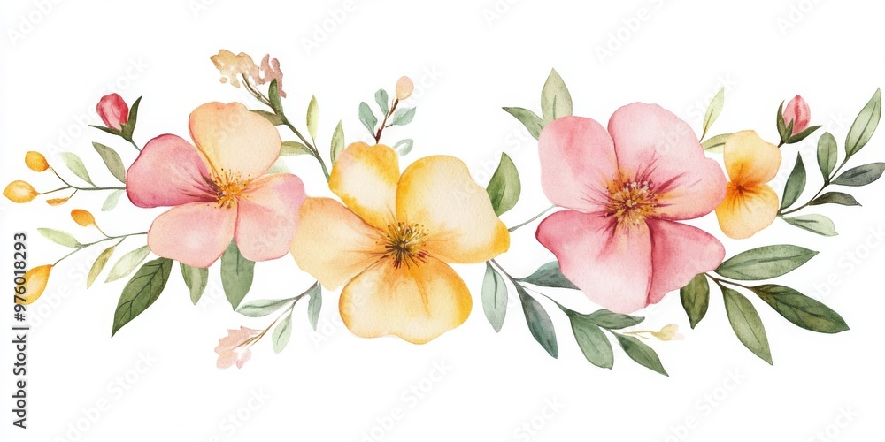 Obraz premium An exquisite watercolor design that showcases an array of soft pastel flowers combined with lush greenery