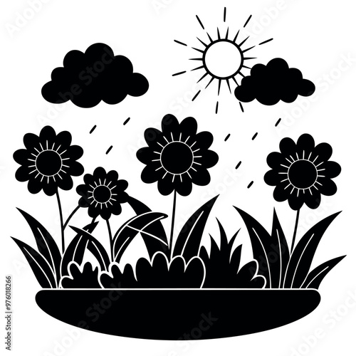 Adobe Illustrator ArtStunning Vector of Beautiful Flowers in a Flower Bed with Clouds and Sunwork