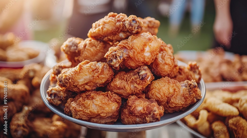 A family having a casual dinner on the back porch, with fried chicken as the main dish. The sunset lights up the scene, giving the image a warm and welcoming feel. Large space for text in center A family having a casual dinner on the back porch, with fried chicken as the main dish. The sunset lights up the scene, giving the image a warm and welcoming feel. Large space for text in center