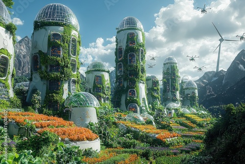 Futuristic city with green domed structures in a lush, natural landscape