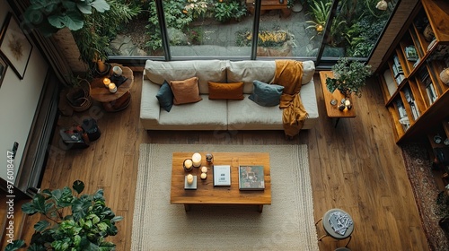 11. View from above of a cozy living room with a plush sofa, a coffee table adorned with books and candles, and a large window overlooking a serene garden photo