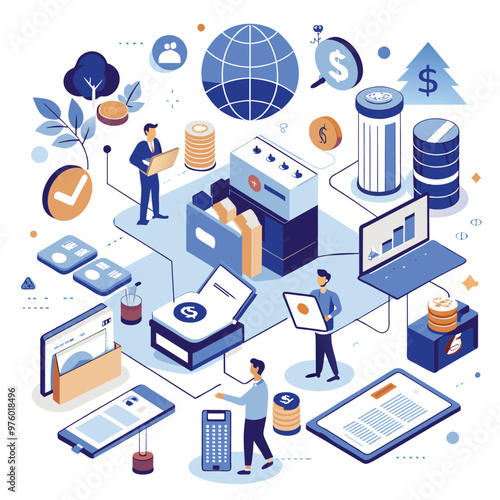 Digital platforms and non cash payment methods are illustrated through various financial transactions and activities in a contemporary setting