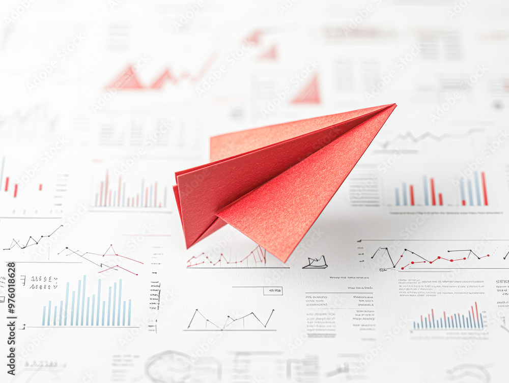 Strategic Growth and Innovation Red Paper Plane Soaring over Business Sketches Strategic Growth and Innovation Red Paper Plane Soaring over Business Sketches
