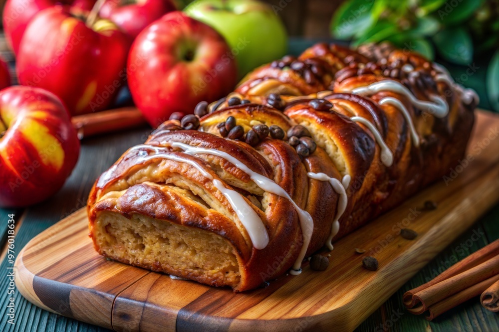 Apple cinnamon babka bread with glaze on a wooden cutting board Apple cinnamon babka bread with glaze on a wooden cutting board