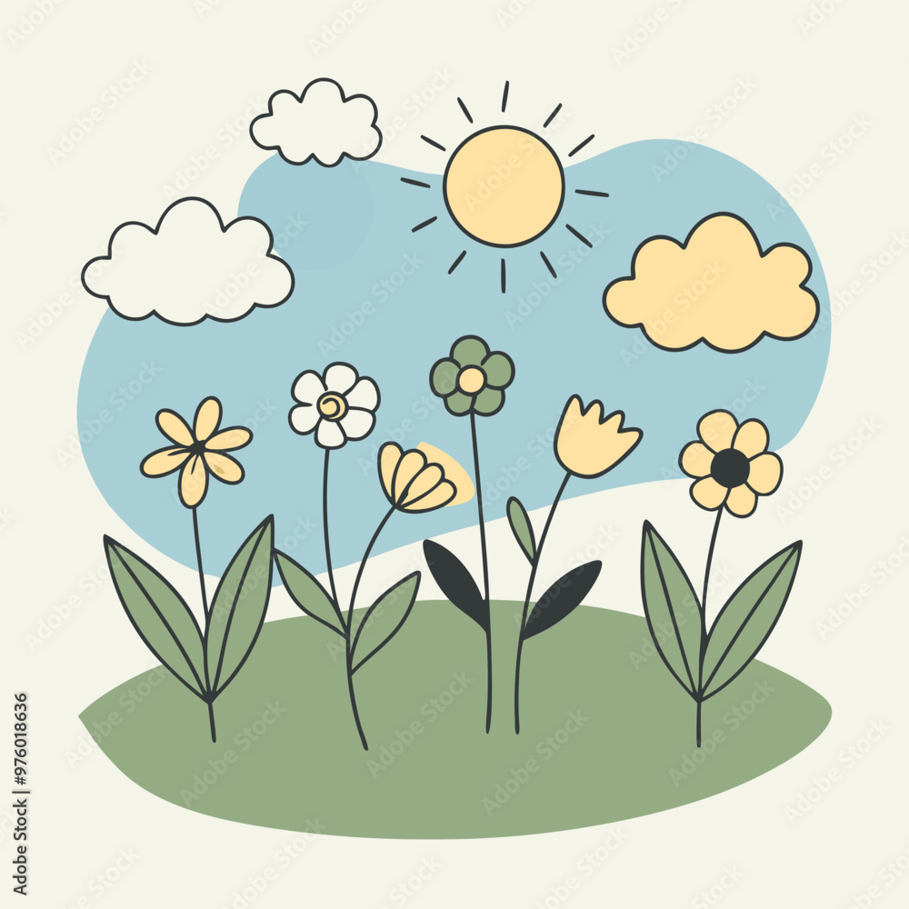 Fototapeta premium Adobe Illustrator ArtStunning Vector of Beautiful Flowers in a Flower Bed with Clouds and Sunwork
