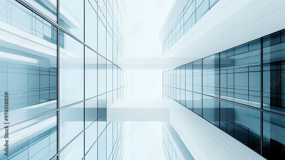 Fototapeta premium A low angle view of a modern glass and steel office building with a bright blue sky and white clouds in the background.