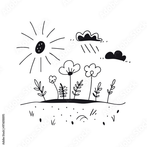 Adobe Illustrator ArtStunning Vector of Beautiful Flowers in a Flower Bed with Clouds and Sunwork