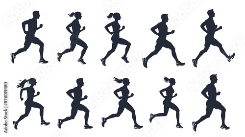 set of runner man woman silhouette sport illustration running jogging athlete run adult competition girl marathon set race athletic exercise fitness group on white background