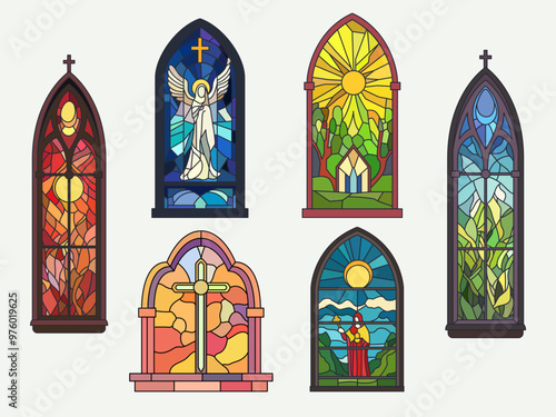 Church stained windows. Mosaic of colored glass, biblical theme, beautiful church frames, pointed and arched, spiritual symbols, gothic style, catholic ornament vector isolated on white set