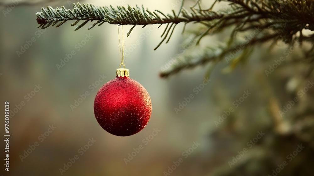 Red Christmas Ornament Hanging on a Pine Branch Red Christmas Ornament Hanging on a Pine Branch