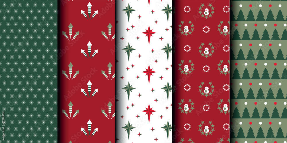 Set of Christmas vector seamless pattern. Merry Christmas and Happy New Year. Christmas symbols background. Vector red and green seamless illustration Set of Christmas vector seamless pattern. Merry Christmas and Happy New Year. Christmas symbols background. Vector red and green seamless illustration
