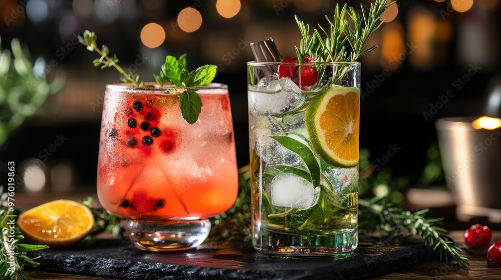 Fresh and refreshing cocktails based on gin, a distinctive herbal flavor, bar Fresh and refreshing cocktails based on gin, a distinctive herbal flavor, bar