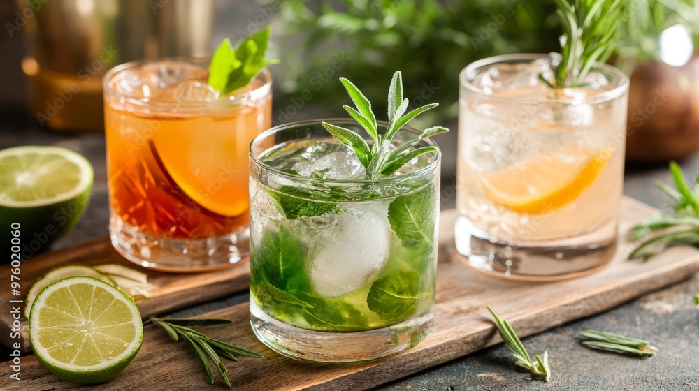 Fresh and refreshing cocktails based on gin, a distinctive herbal flavor, bar Fresh and refreshing cocktails based on gin, a distinctive herbal flavor, bar