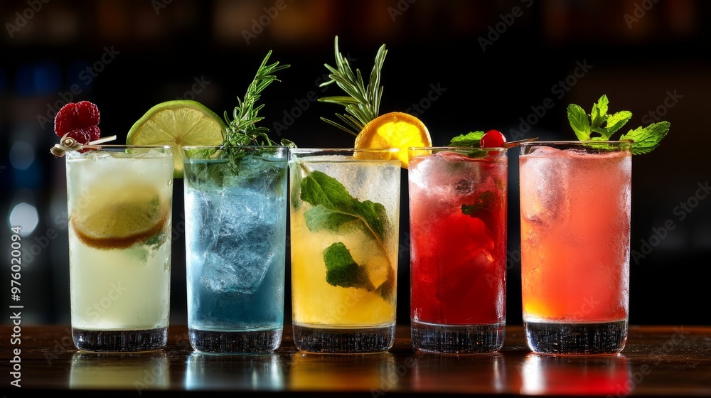 Fresh and refreshing cocktails based on gin, a distinctive herbal flavor, bar Fresh and refreshing cocktails based on gin, a distinctive herbal flavor, bar