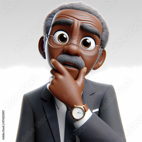 Confused Elderly African American Man 3D Character - Perplexed Expression Children's Book Illustration - Emotional Intelligence Cartoon