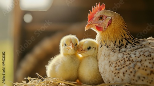 A mother hen tenderly watches over her two fluffy chicks nestled in a bed of straw.