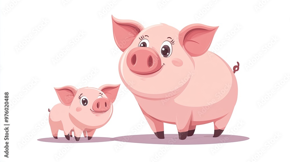 A mother pig and her piglet standing side by side with big smiles on their faces. A mother pig and her piglet standing side by side with big smiles on their faces.