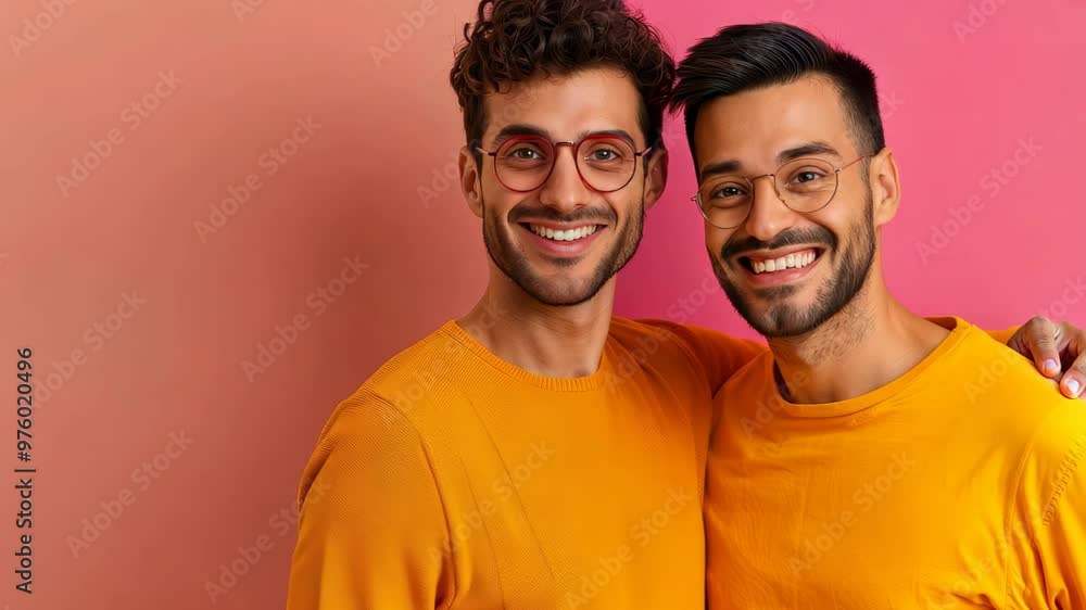 Two cheerful young men stand side by side against a vibrant pink background, wearing matching bright orange sweaters. Their smiles reflect joy, friendship, and a playful sense of style. Two cheerful young men stand side by side against a vibrant pink background, wearing matching bright orange sweaters. Their smiles reflect joy, friendship, and a playful sense of style.