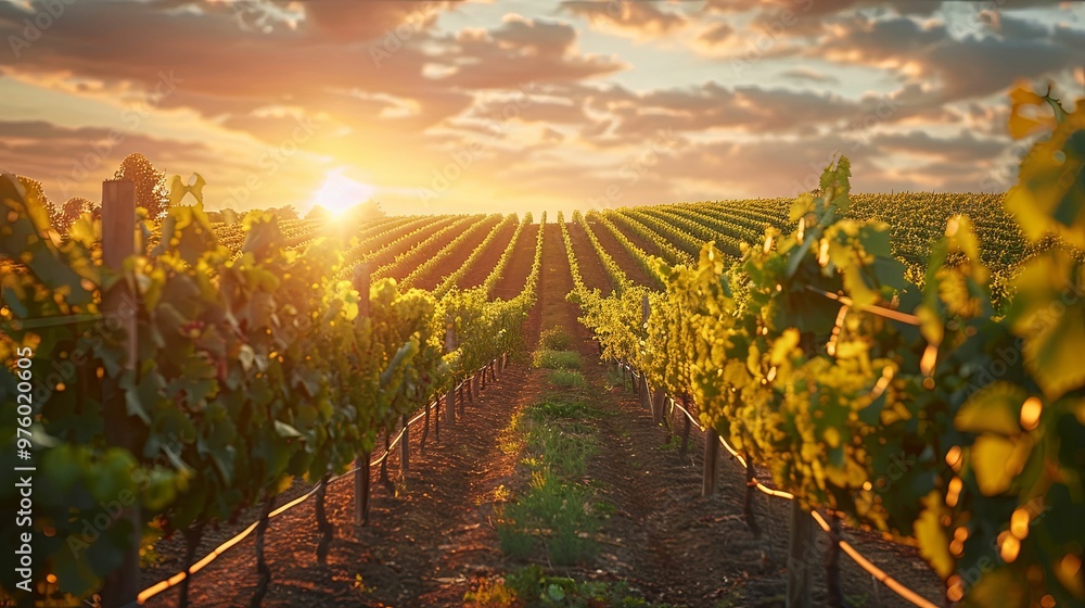 Naklejka premium Vineyard Rows at Sunset with Golden Sunlight Filtering Through the Leaves